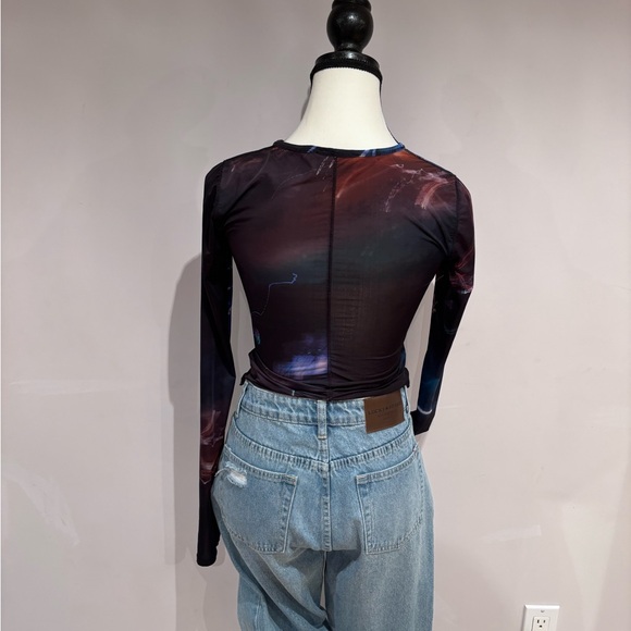 Babaton Aritzia Navy and Purple Long Sleeve Sheer Top with Cut Hem Size S - Picture 3 of 8